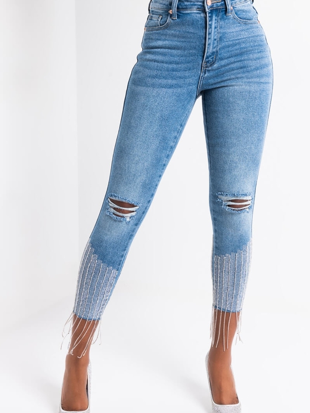 AKIRA Too Good High Waisted Rhinestone Fringe Skinny Jeans Distressed Blue Sz 9